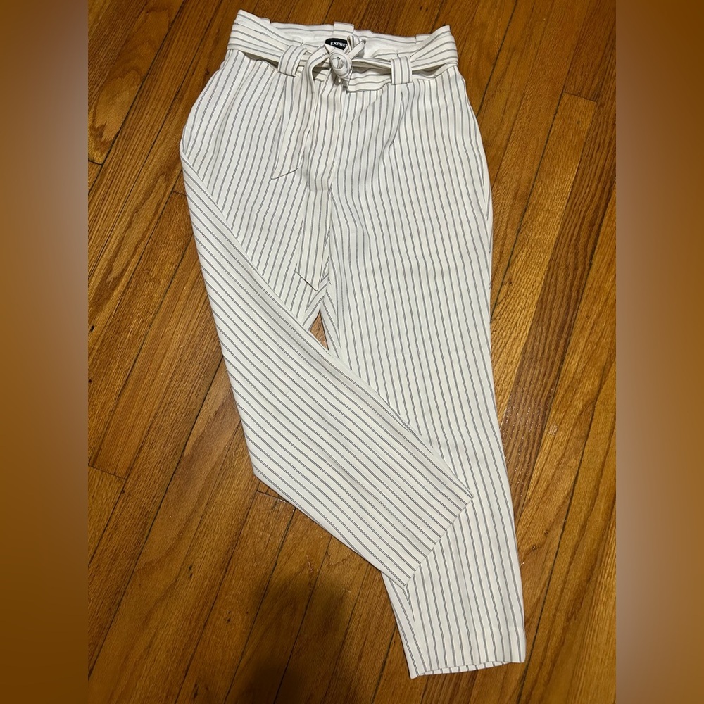 Express White Pinstripe Paperbag Waist Trousers